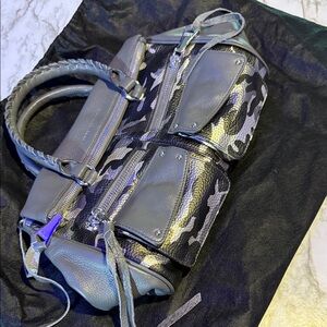 Aimee Kestenberg Black, Gray, Silver Camo Leather Satchel Purse Bag